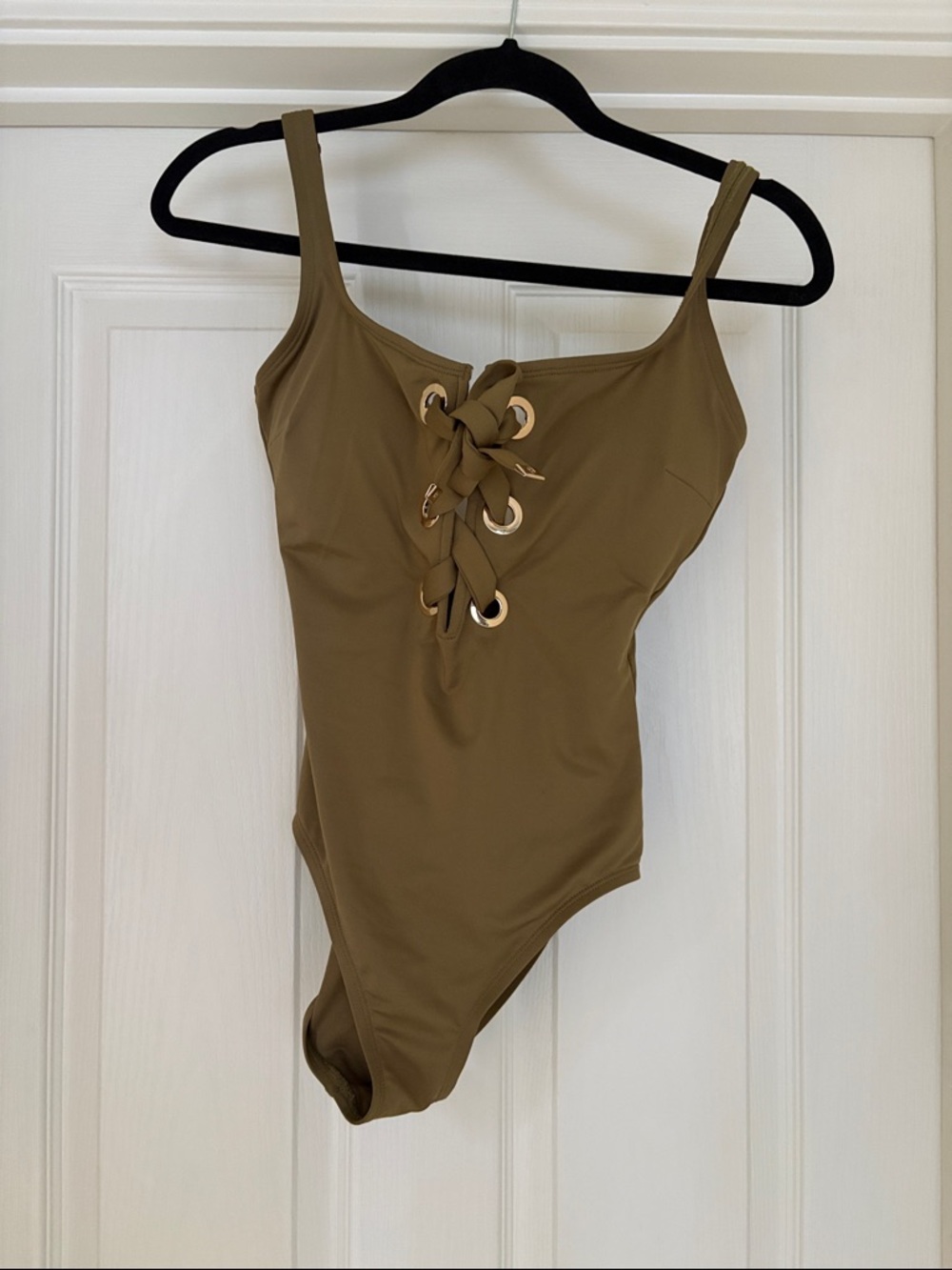 MICHAEL Michael Kors Olive Lace-Up Scoop One-Piece Swimsuit with Gold Eyelets